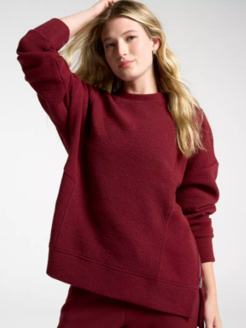 CALIA Elevate Ripple Textured Side Zip Tunic Top Deep Merlot L